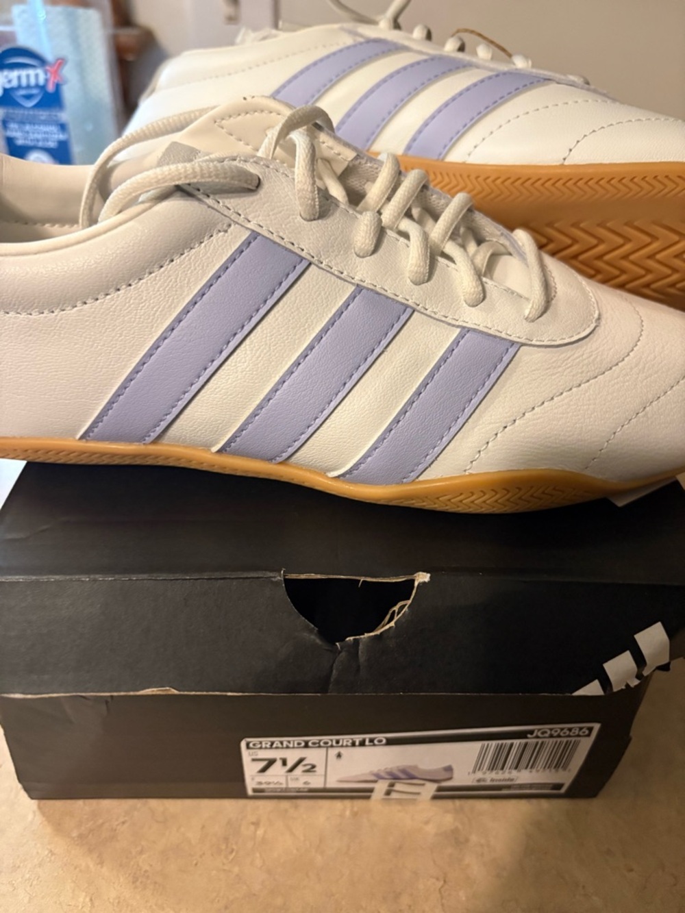 adidas White Sneakers with Lavender Three-Stripes and Gum Sole